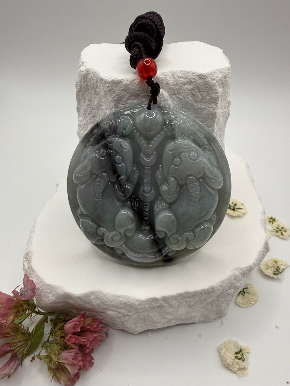 Carved Double Pixiu design in Round Jade Wuji Pendant